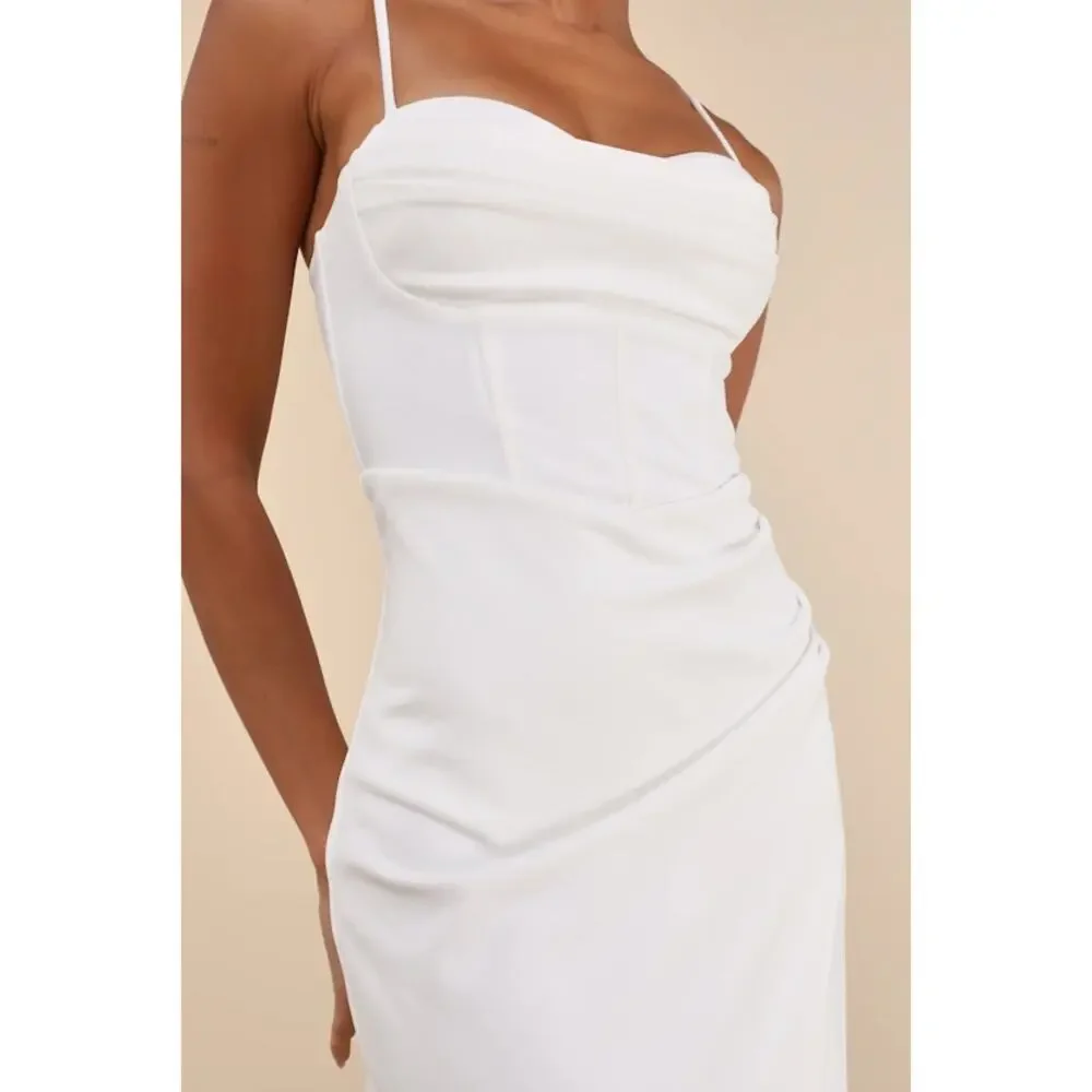 Lulus NWOT White Always Turning Heads Bustier Tulip Sweetheart Midi Dress Large - Picture 3 of 10